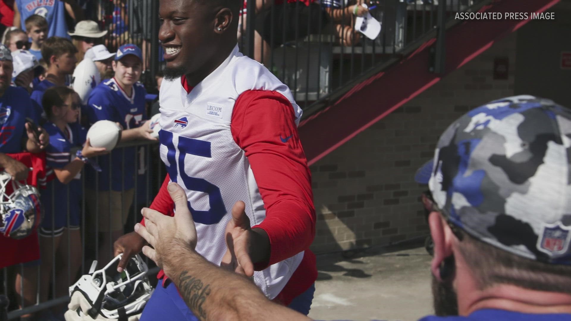 Quintin Morris of the Buffalo Bills celebrates a touchdown with Ike News  Photo - Getty Images