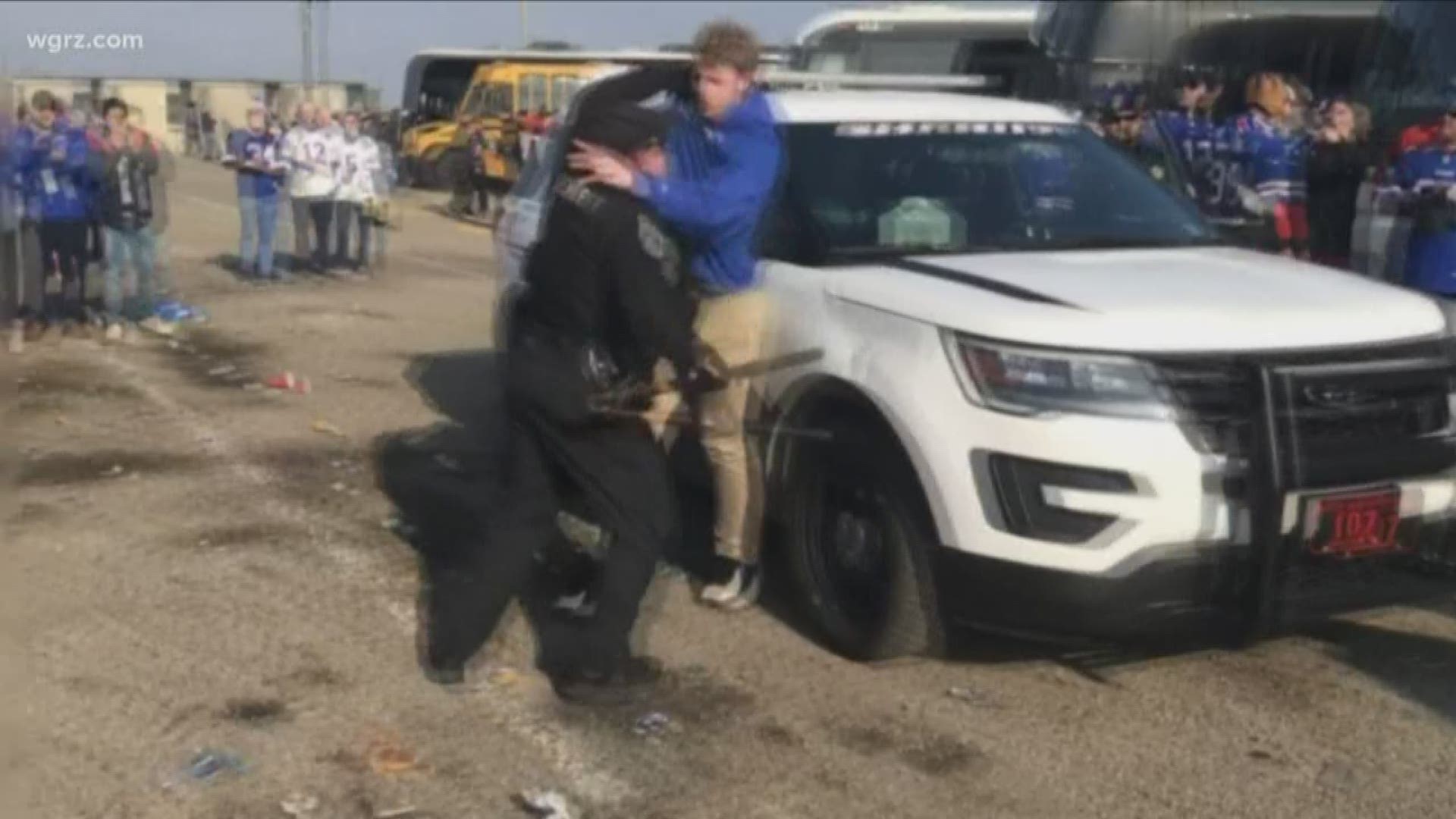 The Bills fan caught on video being violently arrested by an Erie County sheriff's deputy in 2017 took the stand today in the assault case against that deputy.