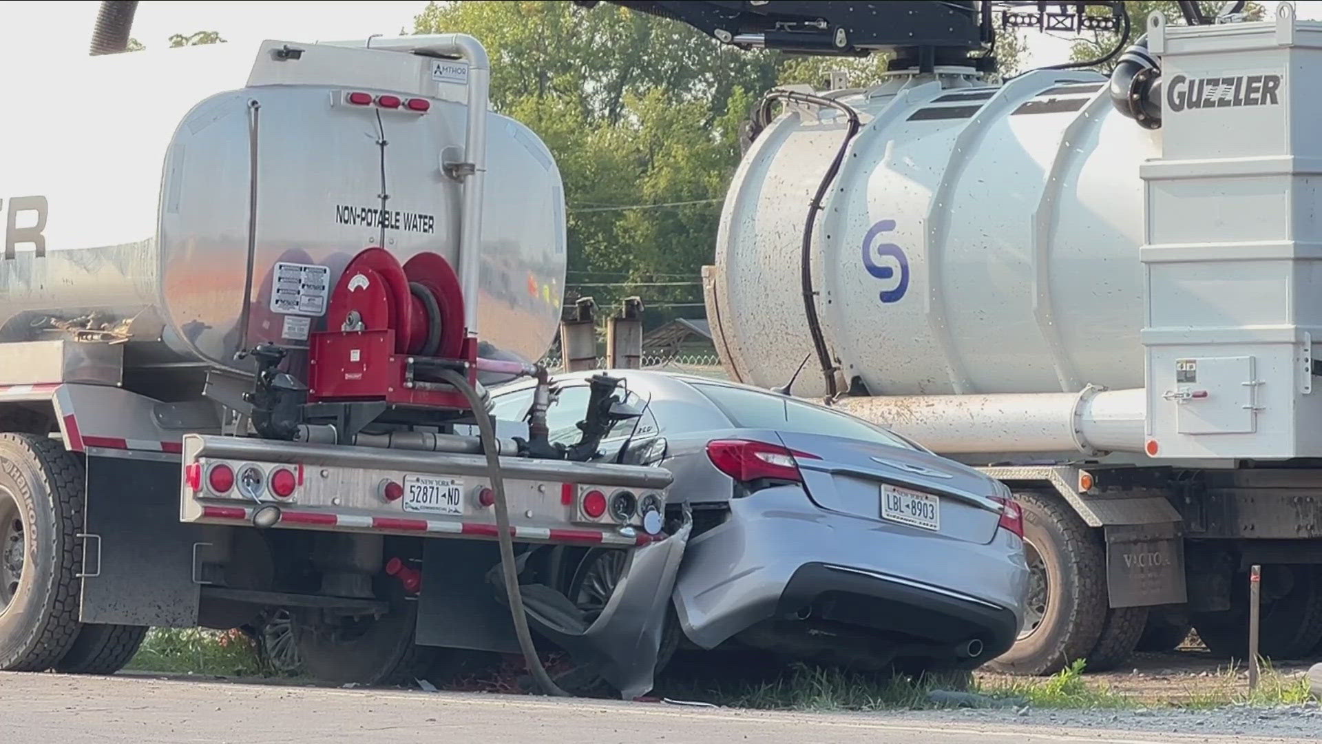 A crash in the Town of Royalton Thursday afternoon sent two construction workers to ECMC after a car left the road.