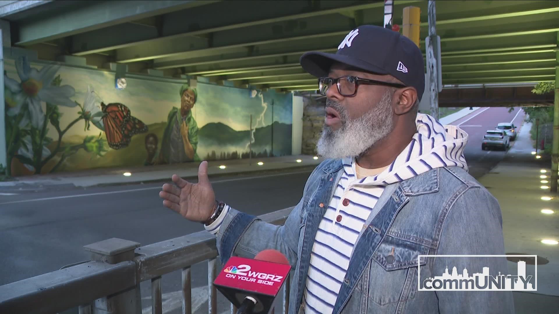 Gino Morrow completed a mural of Harriet Tubman, at the foot of Ferry. He talked about his vision for the mural, and what you won't see in it.
