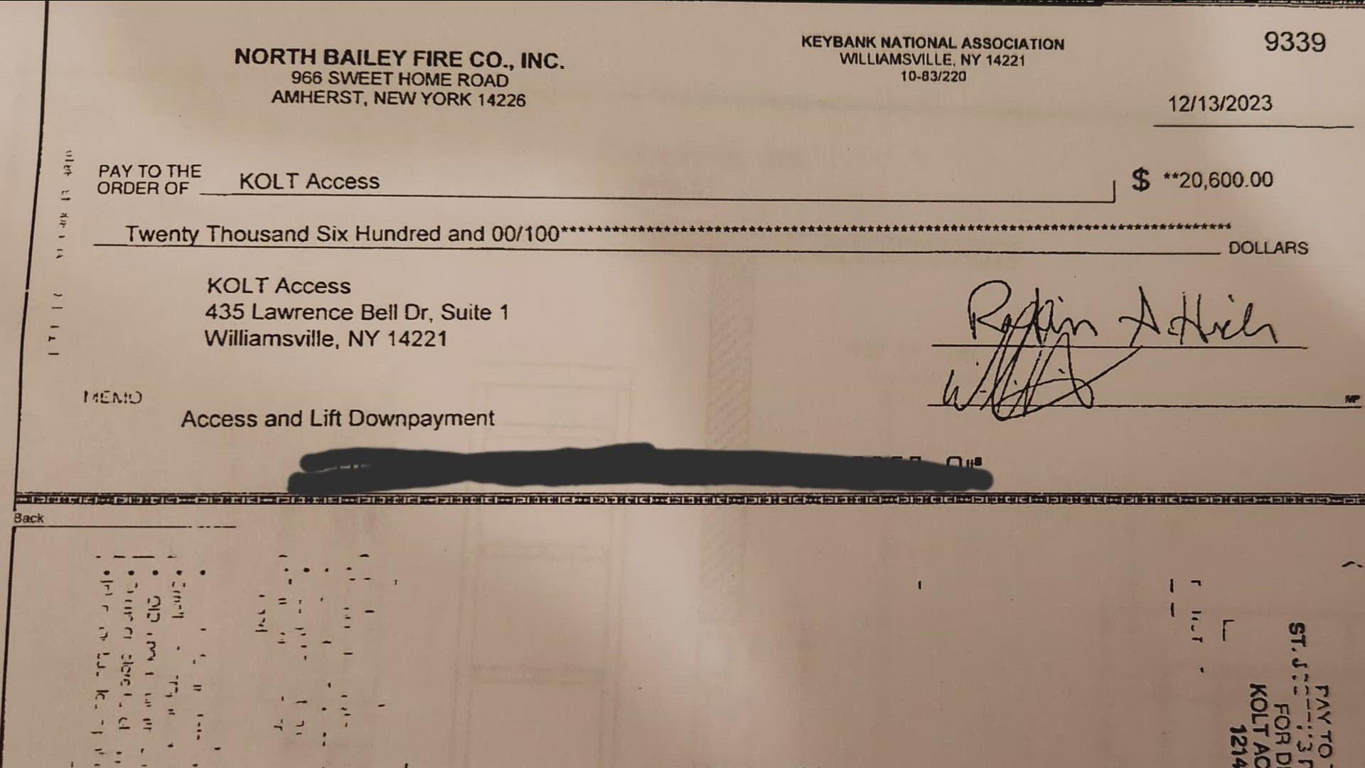 The North Bailey Fire Department says they sent money to a local contractor to build an elevator in their fire hall, but the check was cashed and the work not done.