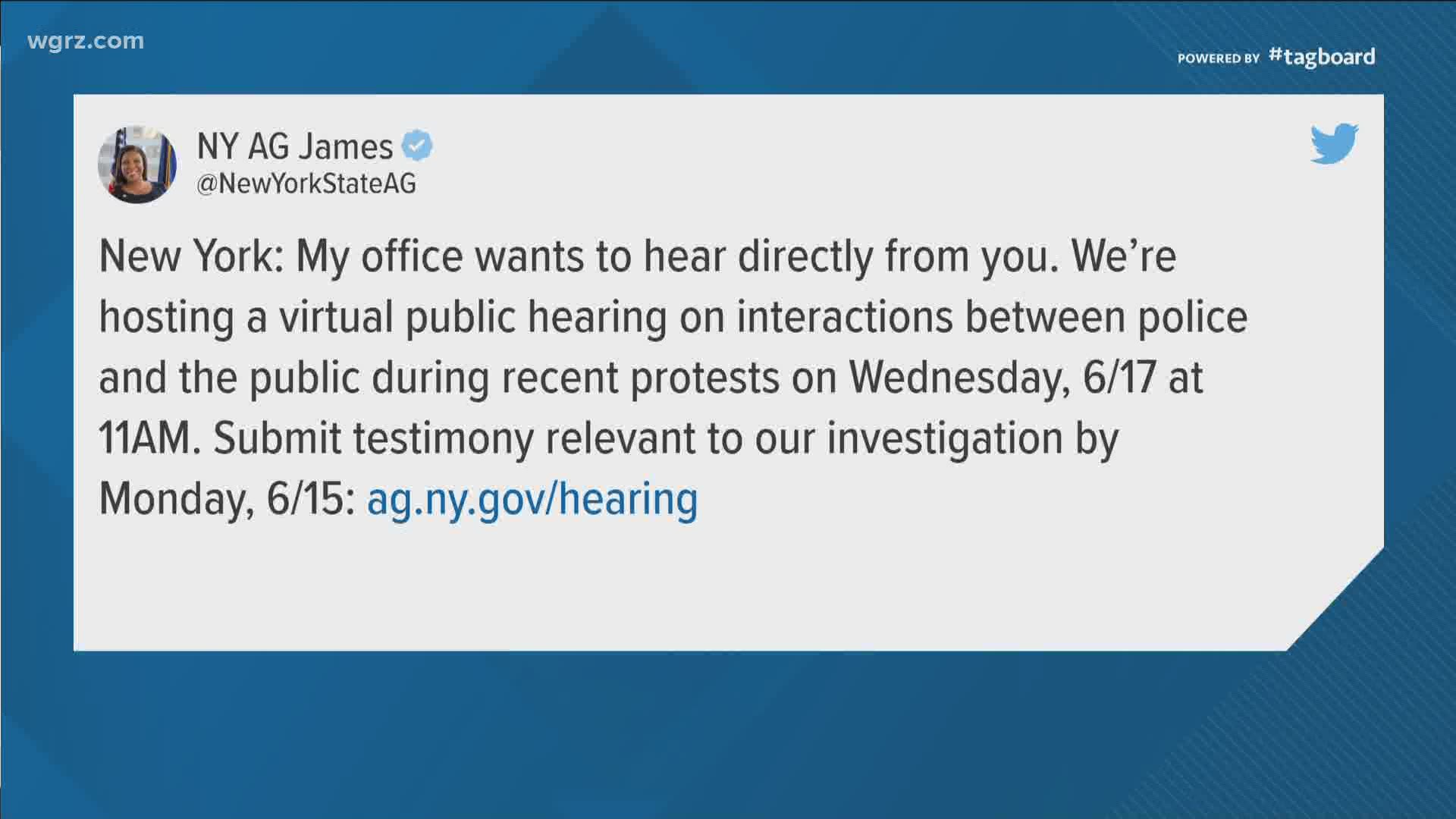 New York's Attorney General Letitia James is seeking testimony of interactions between police and the public during recent protests for a public hearing.
