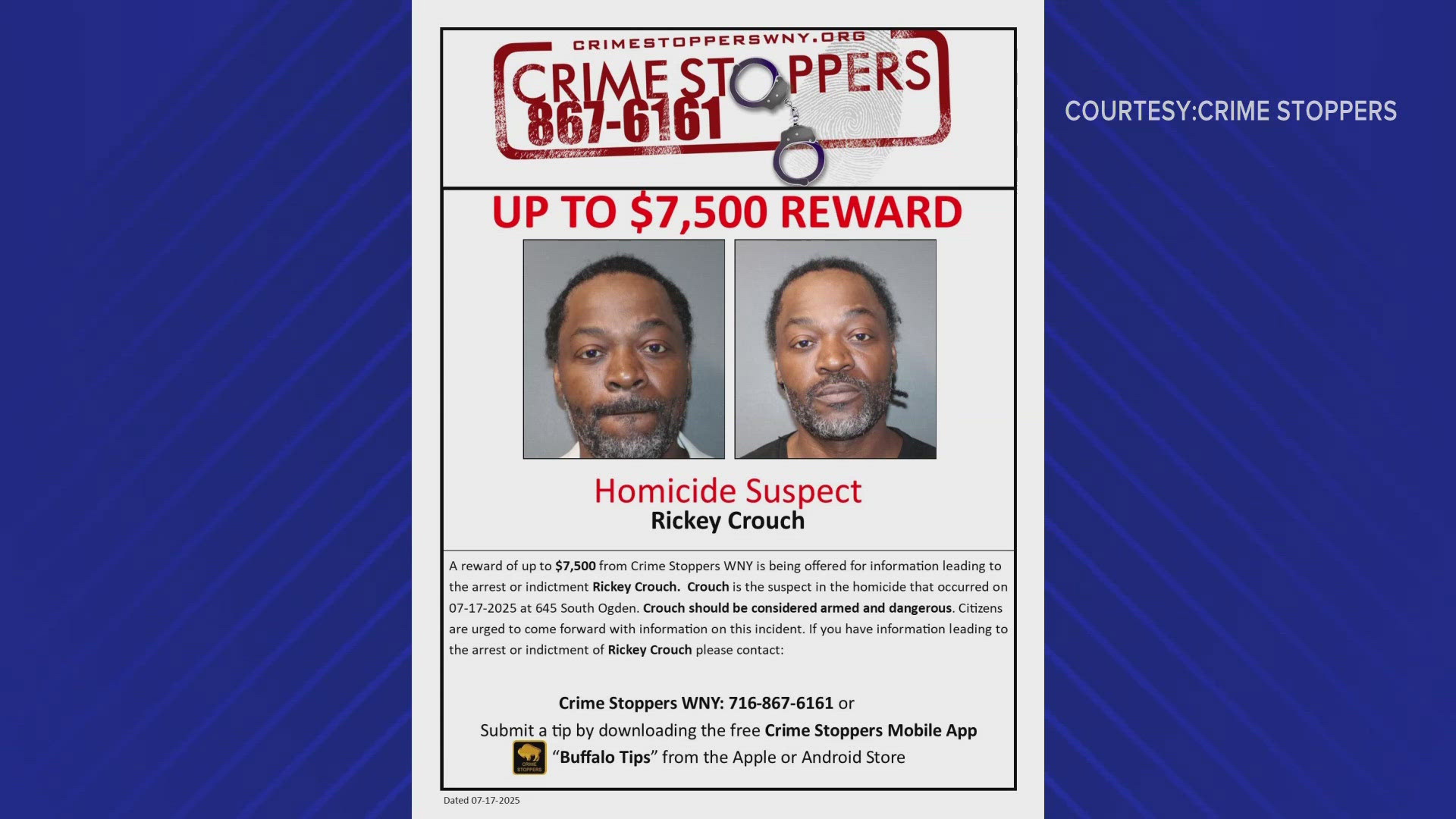 Buffalo Police seek public's help in locating homicide suspect Rickey Crouch.