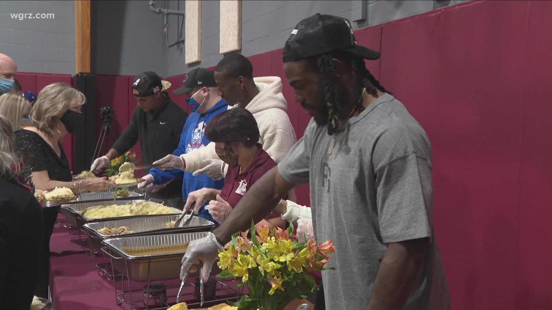 Safety Jordan Poyer and running back Zack Moss teamed up with Kids Escaping Drugs to provide a Thanksgiving dinner to patients and families of the nonprofit.