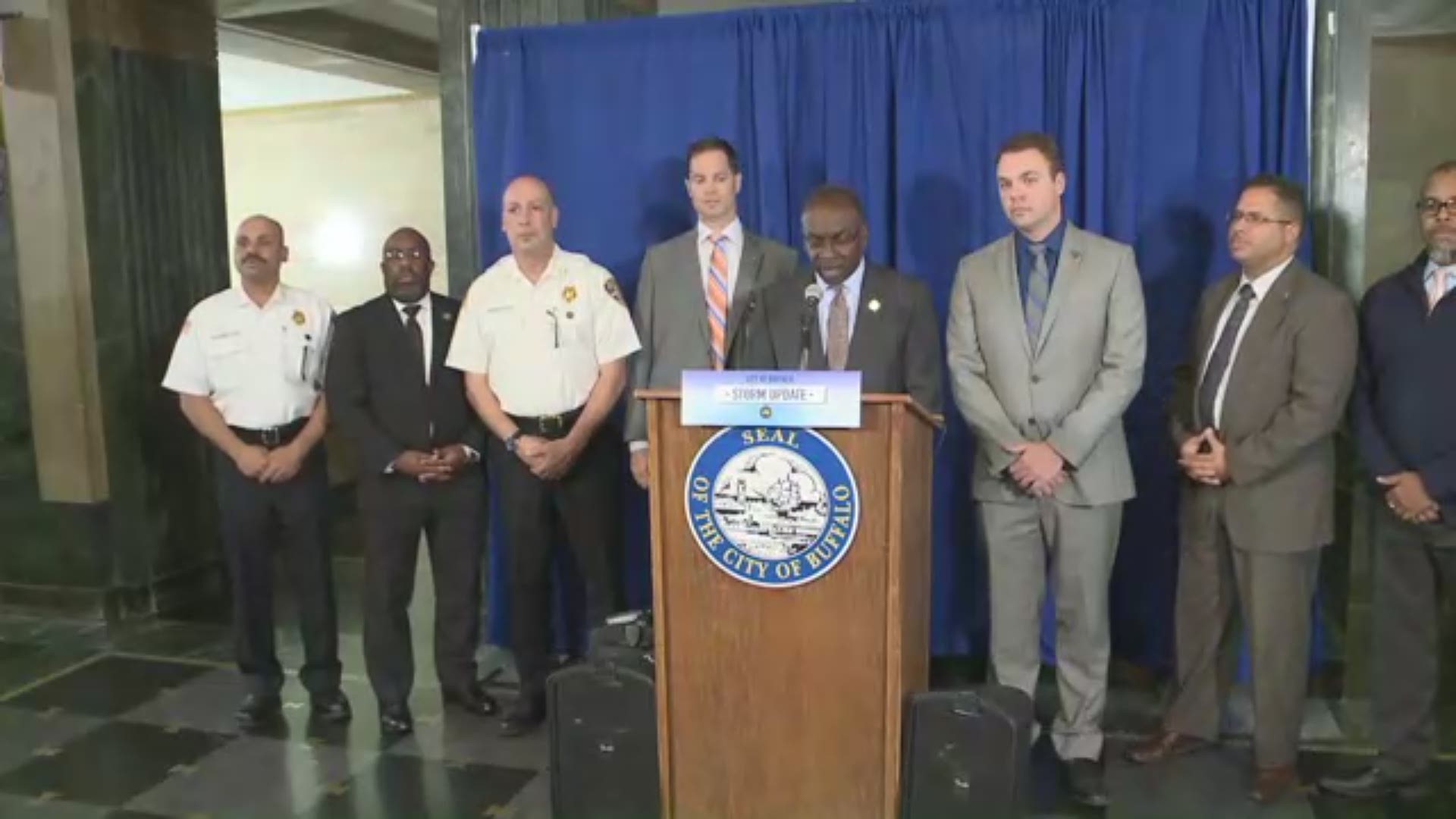 City of Buffalo officials discuss preperations for the rain and high winds Halloween night.