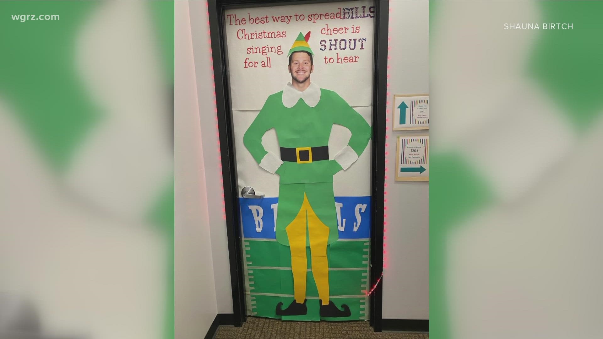 Their classroom door decor is part Christmas spirit, part Bills pride.