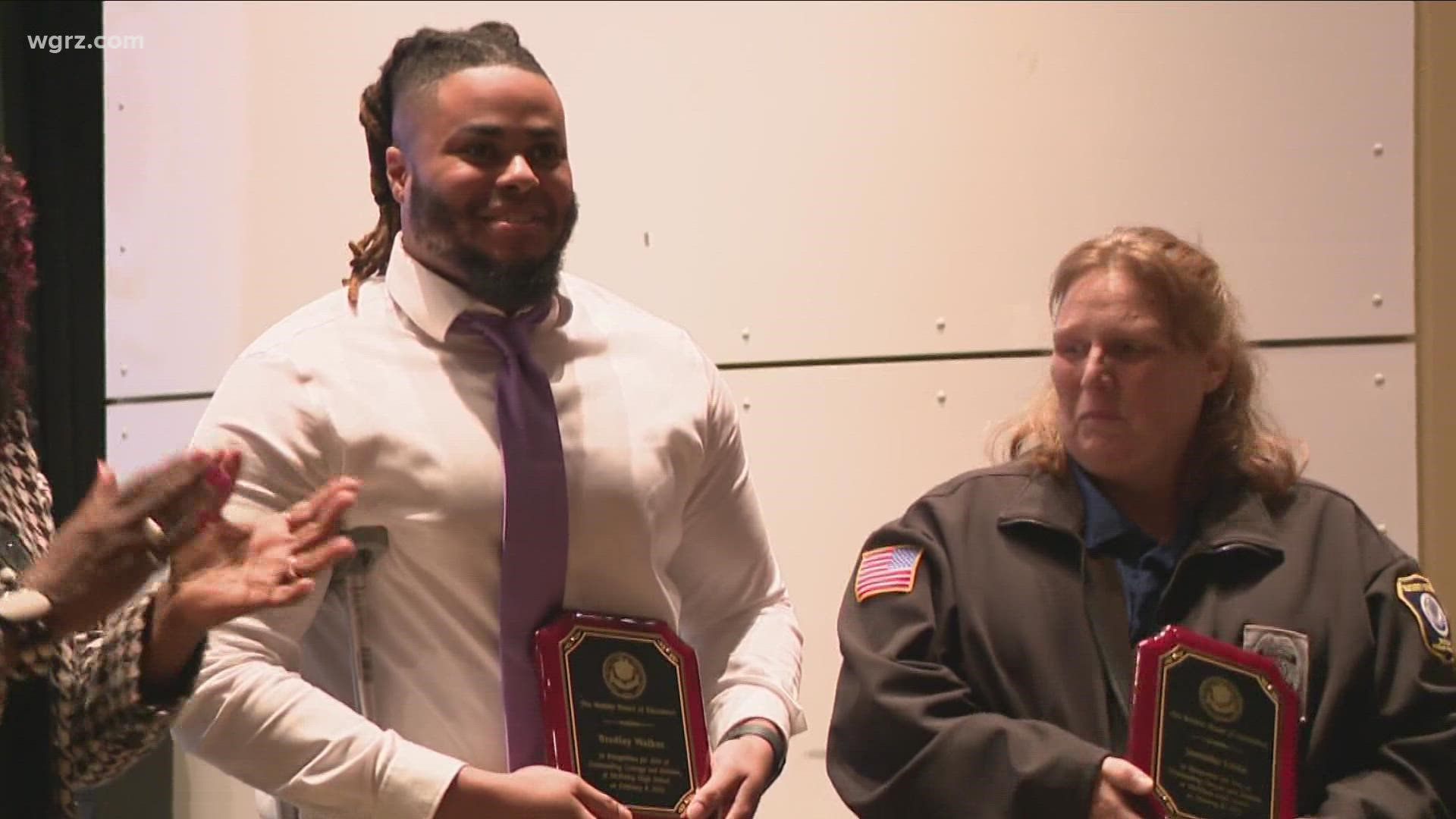 THE DISTRICT HONORED OFFICERS JENNIFER LITTLE AND BRADLEY WALKER WITH PLAQUES THANKING THEM FOR THEIR HEROIC ACTIONS.