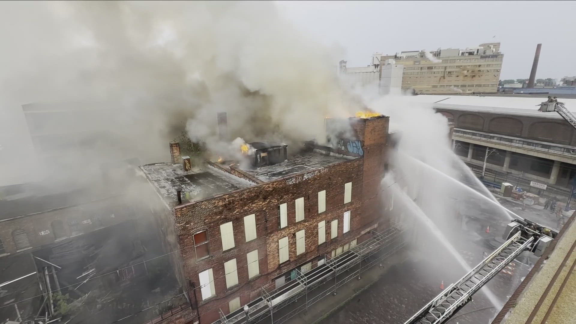 A two-alarm fire in a vacant building on the corner of Illinois Street and South Park Avenue, next door to the KeyBank Center.