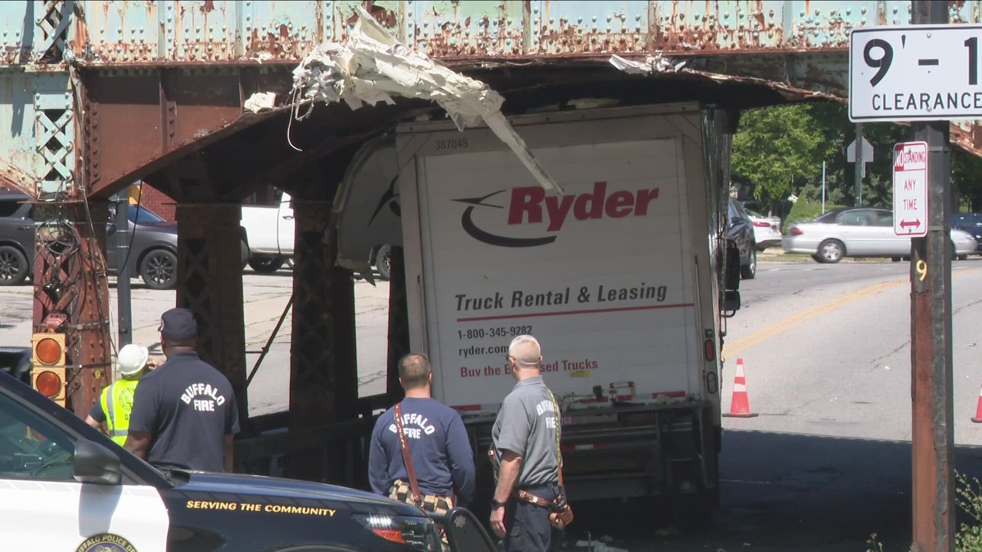 Buffalo Police say a Ryder truck got stuck underneath the bridge on Colvin Avenue, adding that the driver misjudged the bridge's height.