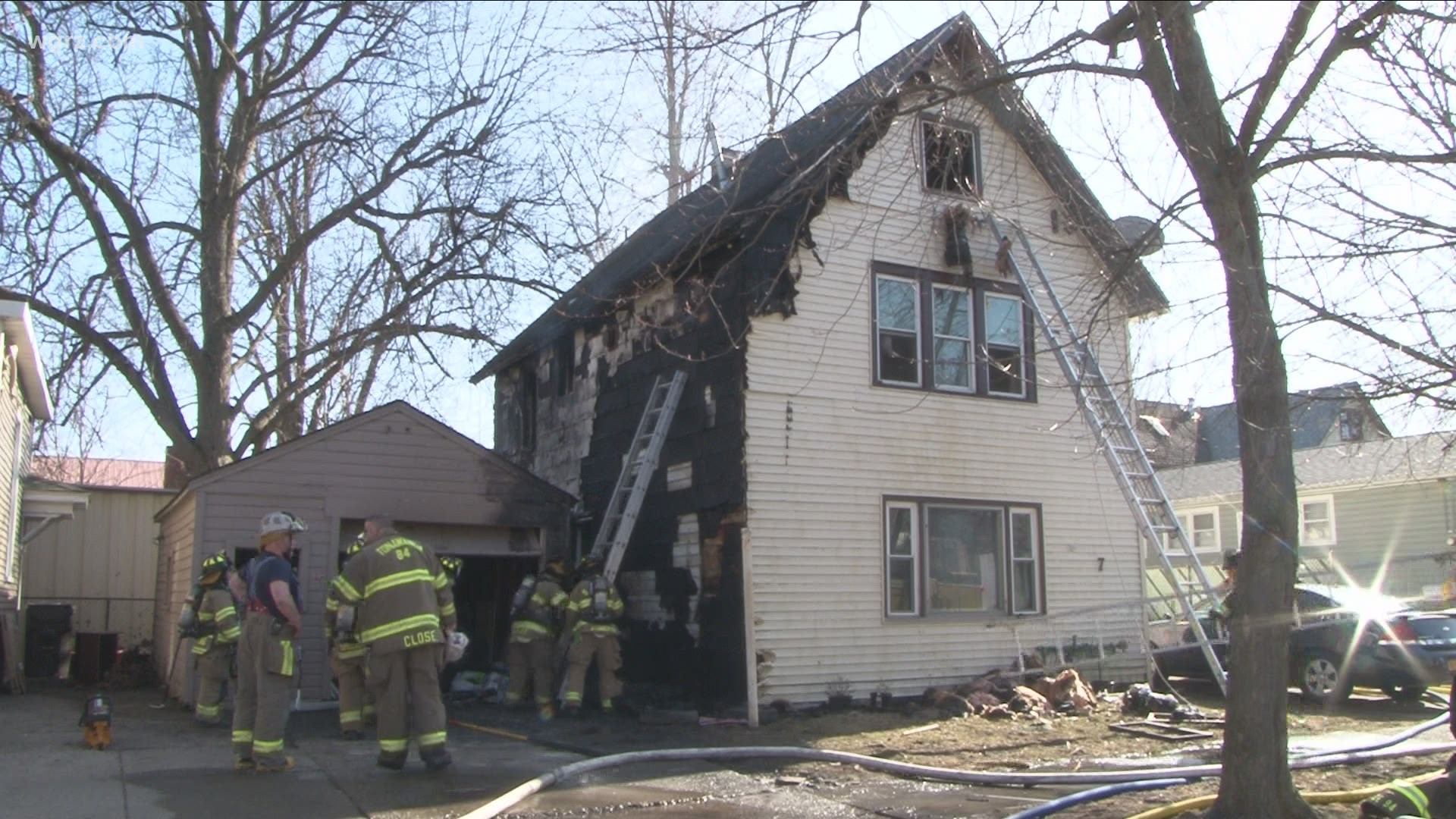 One side of the home was also completely stripped of siding and part of the garage badly burned.
There was also no official information provided about a cause.