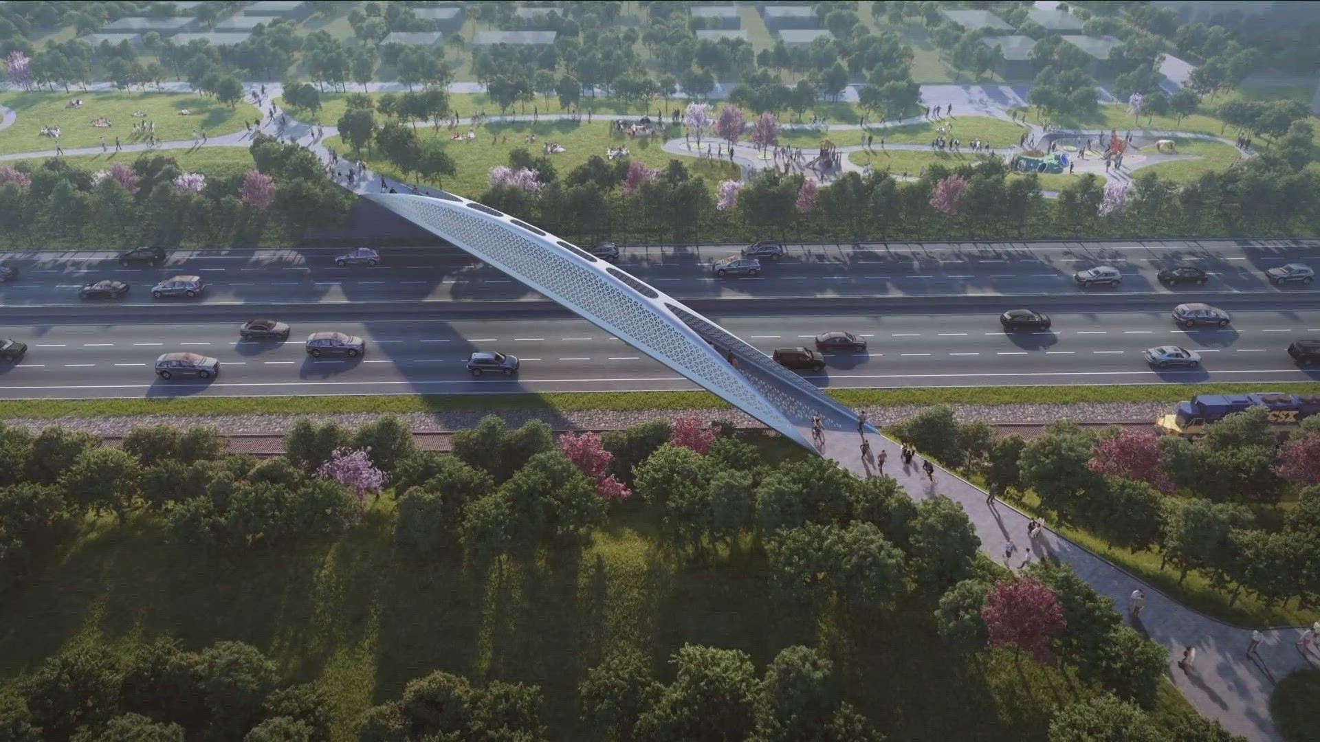 The bridge will go across the 190 and offer stunning views of the new park and Lake Erie... at an angle.