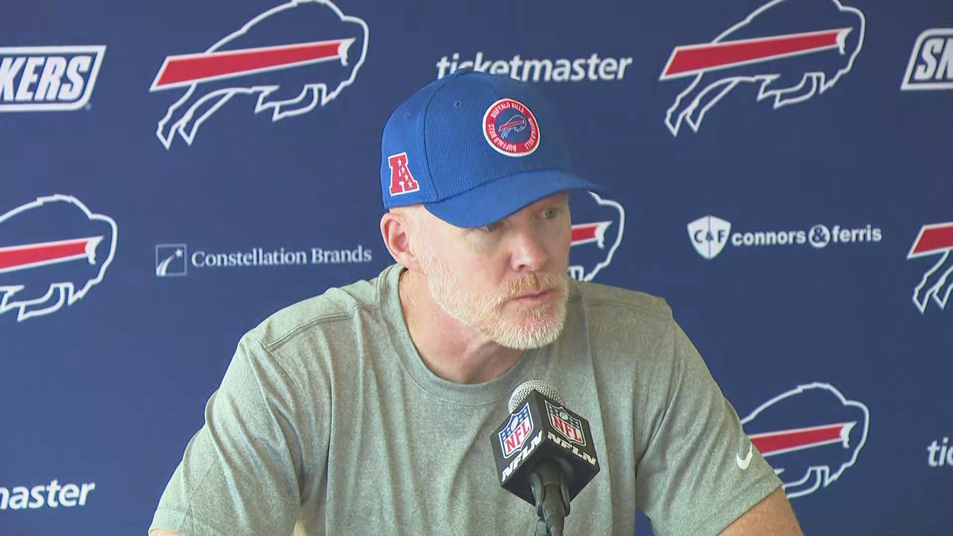 Buffalo Bills Head Coach Sean McDermott on first day of Training Camp from St. John Fisher University.
