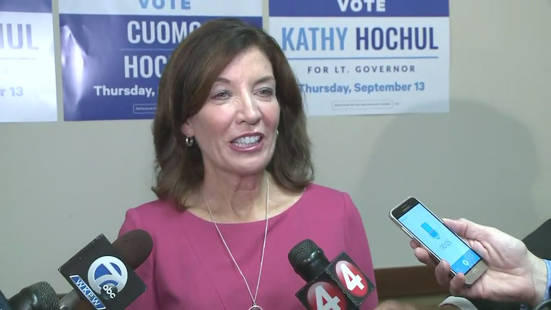 Lt. Gov. Kathy Hochul answers questions from the media following her win in the democratic primary