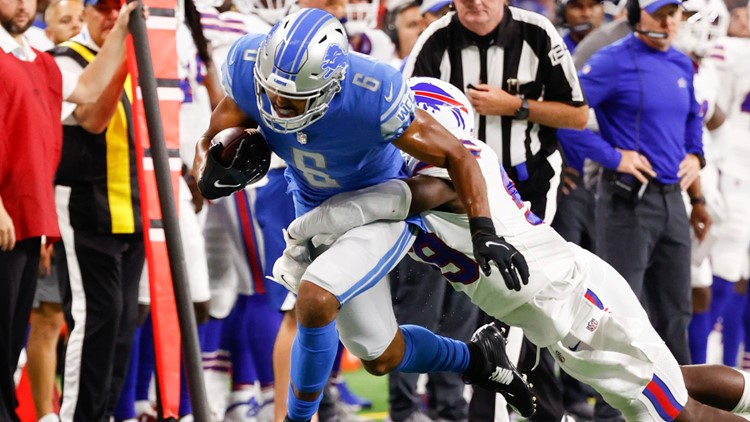 Detroit Lions quarterback Jared Goff (16) on the sideline in the second  half against the Buffalo Bills during an NFL preseason football game,  Friday, Aug. 13, 2021, in Detroit. (AP Photo/Rick Osentoski