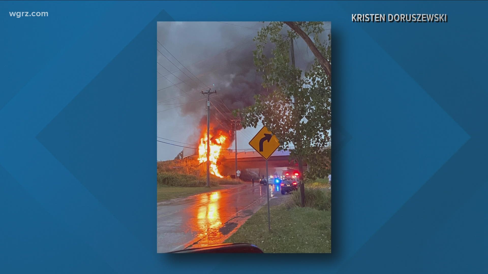 A burning tractor trailer stopped traffic and grabbed attention on the NYS Thruway in West Seneca, Wednesday evening.