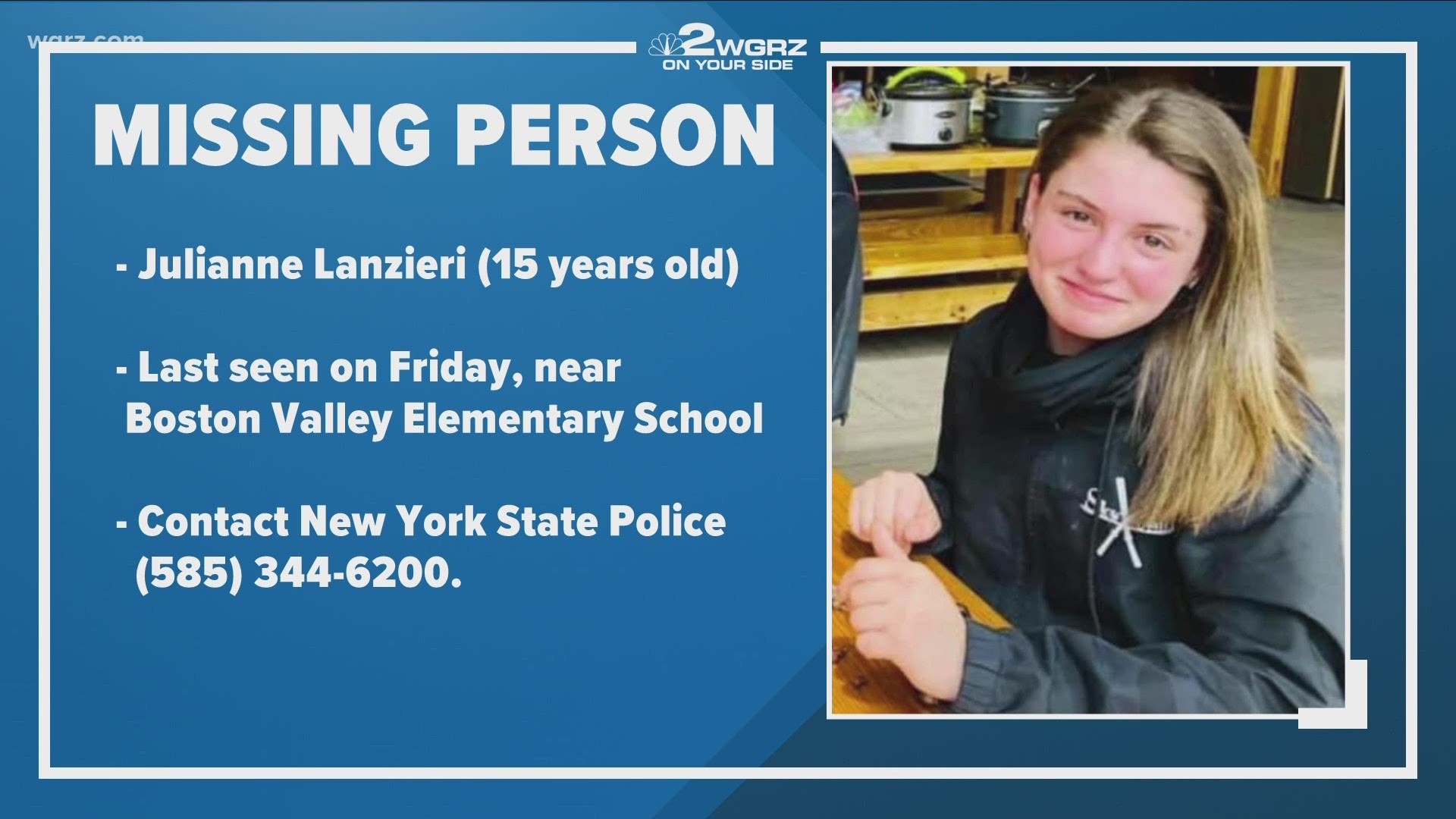 She was last seen on Friday night between 8 and 9 o'clock, around Boston Valley Elementary School. Troopers say she likely rode her blue mountain bike to an unknown.
