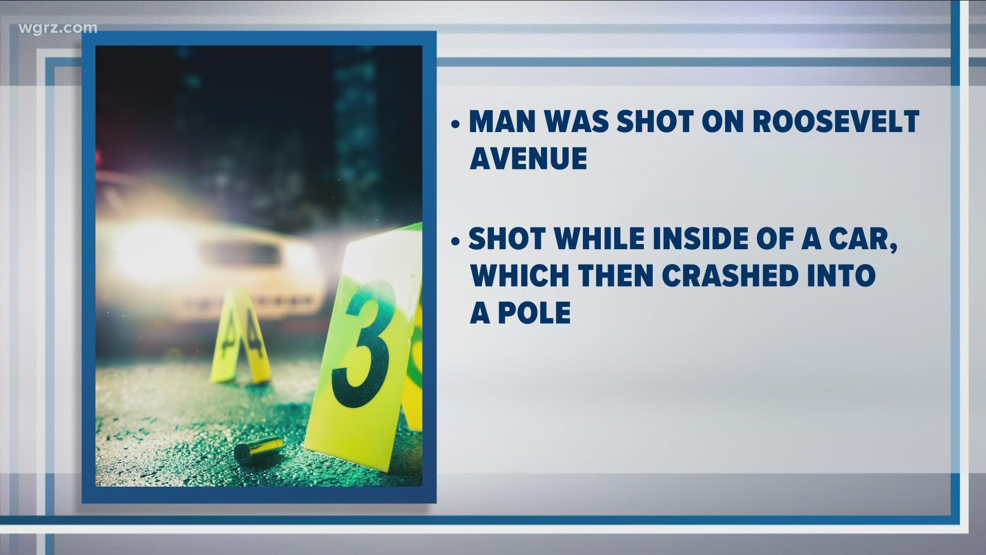 Police say a man was shot on Roosevelt Ave Saturday night inside of a car then crashed into a pole.