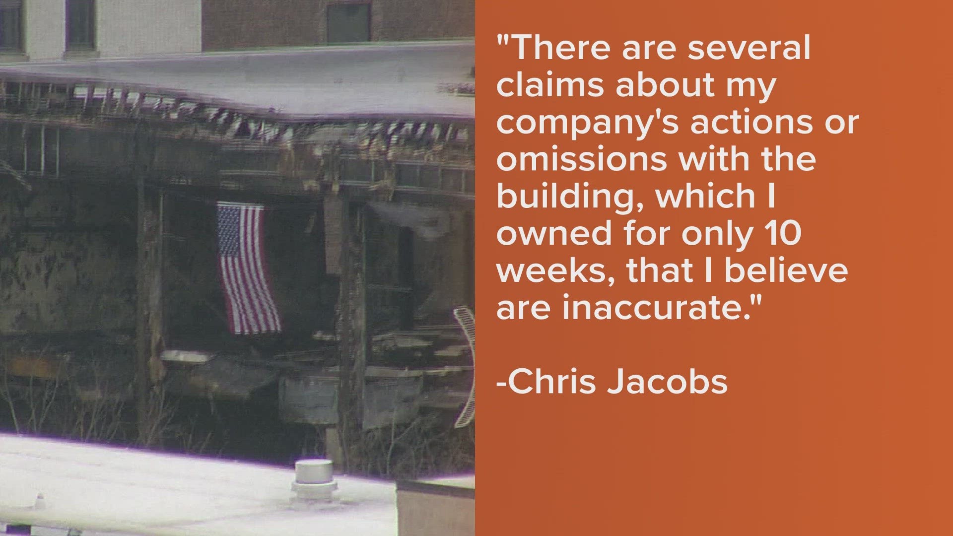 Chris Jacobs makes statement in response to the lawsuit against his building where Buffalo Firefighter Jason Arno died.