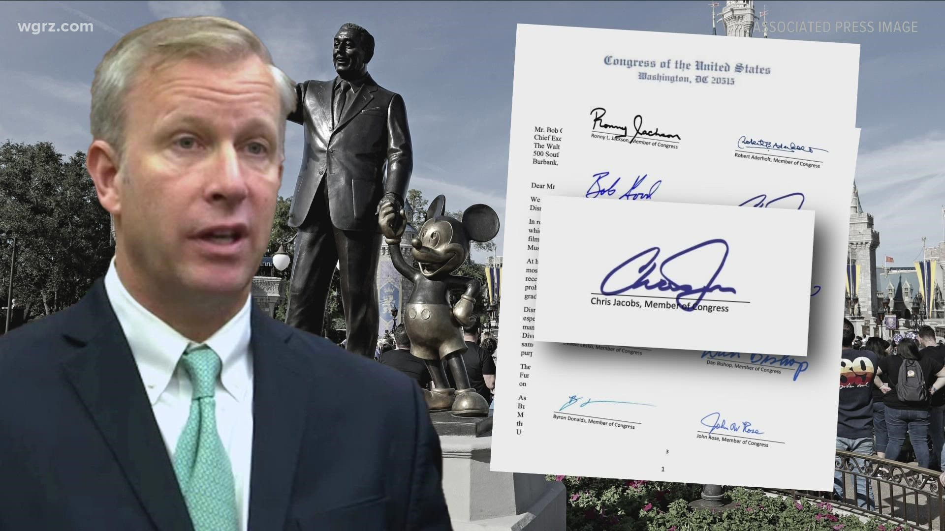 Republican Congressman Chris Jacobs is upset that the company spoke out against what critics call the "Don't Say Gay" bill in Florida.