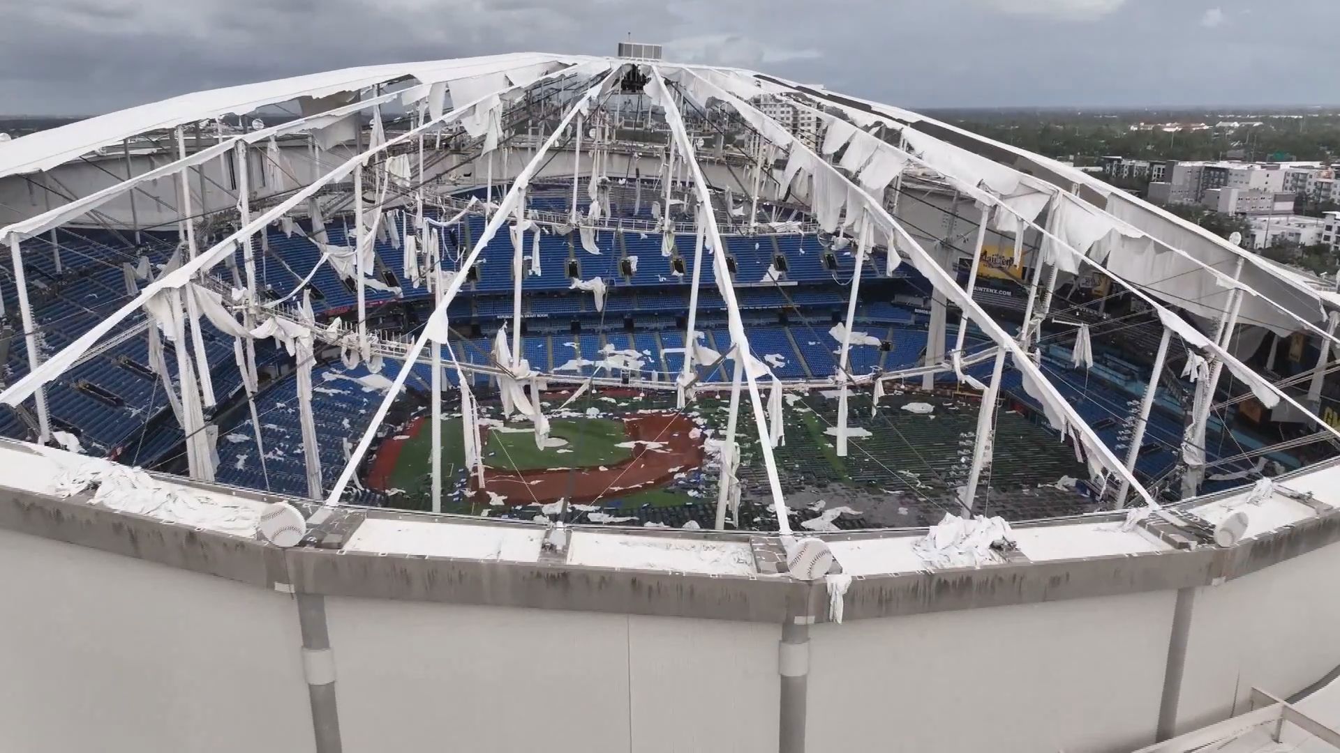 The roof of Tropicana Field was torn apart by Hurricane Milton overnight. (Rudy Ortega/NBC)