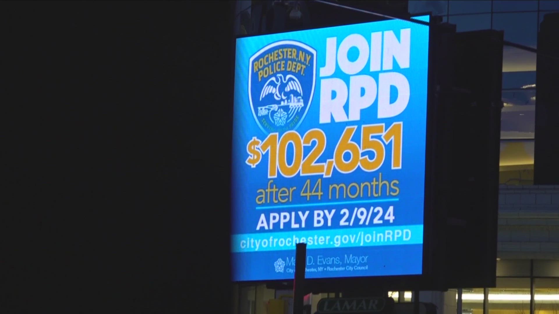 One Downtown billboard promises a six figure salary after 44 months of service.