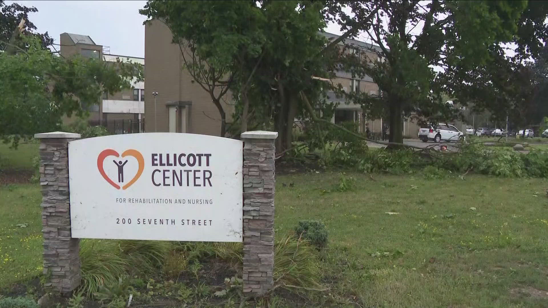 Roof damage from tornado at Ellicott Center nursing home on 7th street