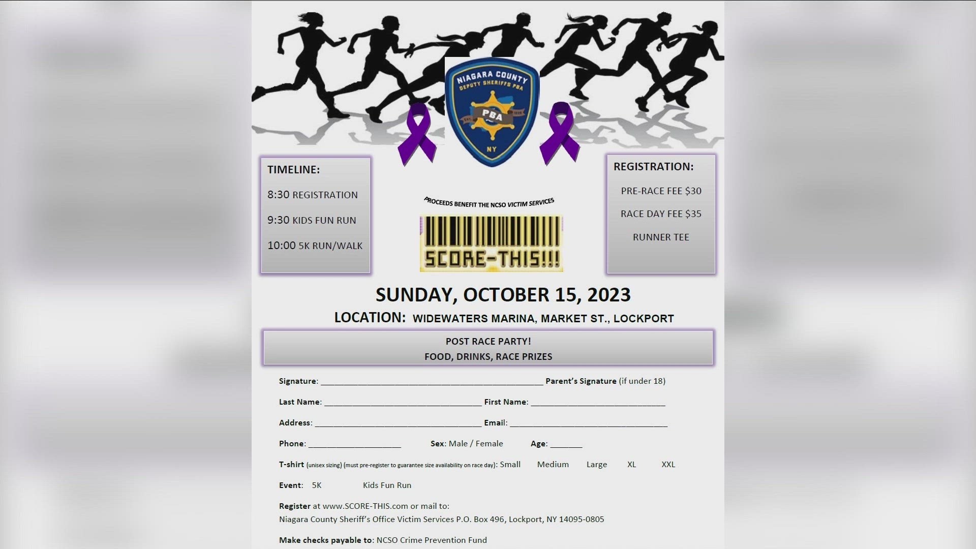The Niagara County Sheriff's Office is hosting their annual 5K fundraiser on Sunday, October 15 with races beginning at 9:30 a.m. and 10 a.m. at Widewaters Marina.