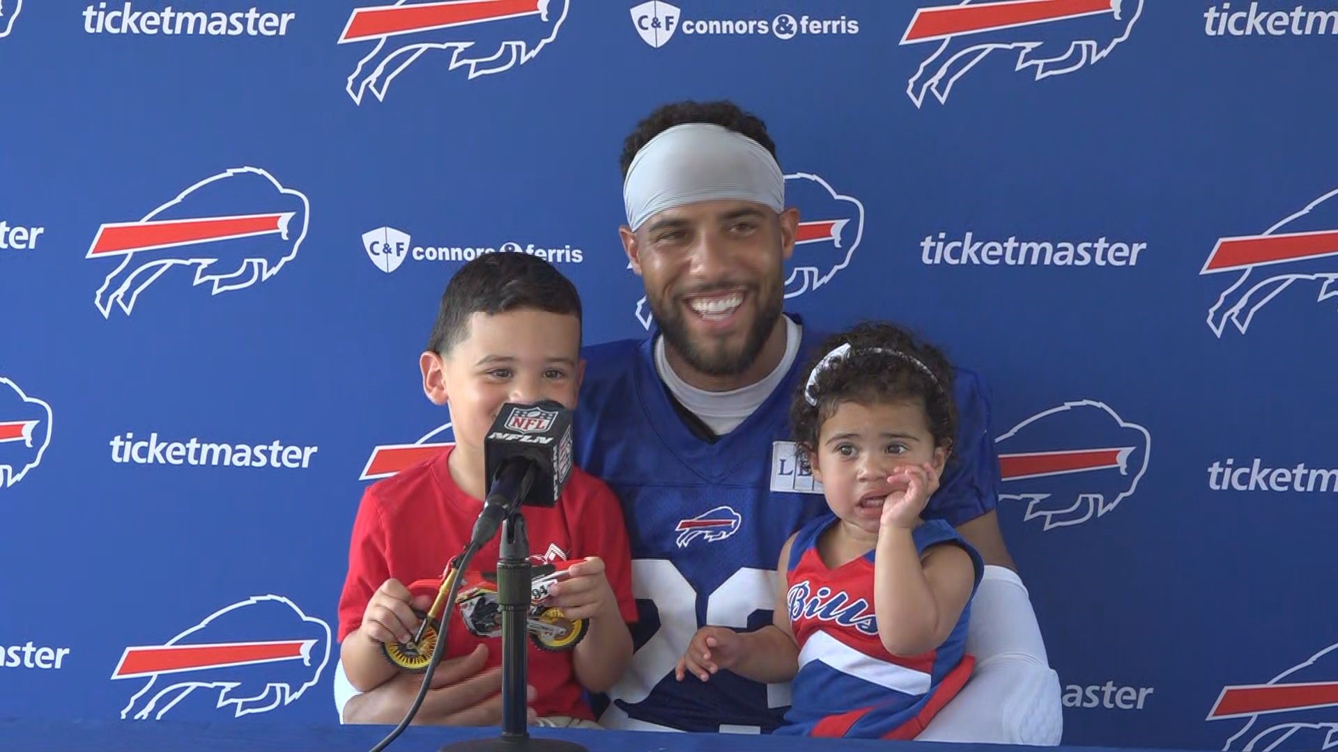 Bills' Micah Hyde's kids steal the show during a press conference at training camp.