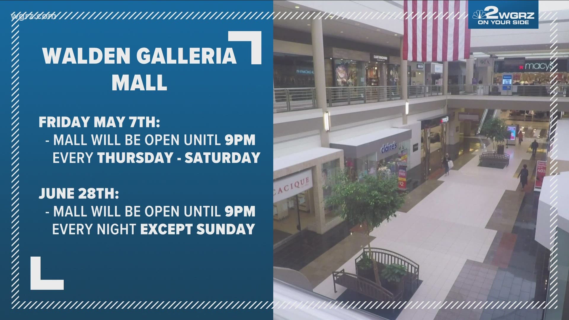 The mall will be staying open until nine, every Thursday through Saturday. And then June 28th, it will be open until 9 every night except Sunday.