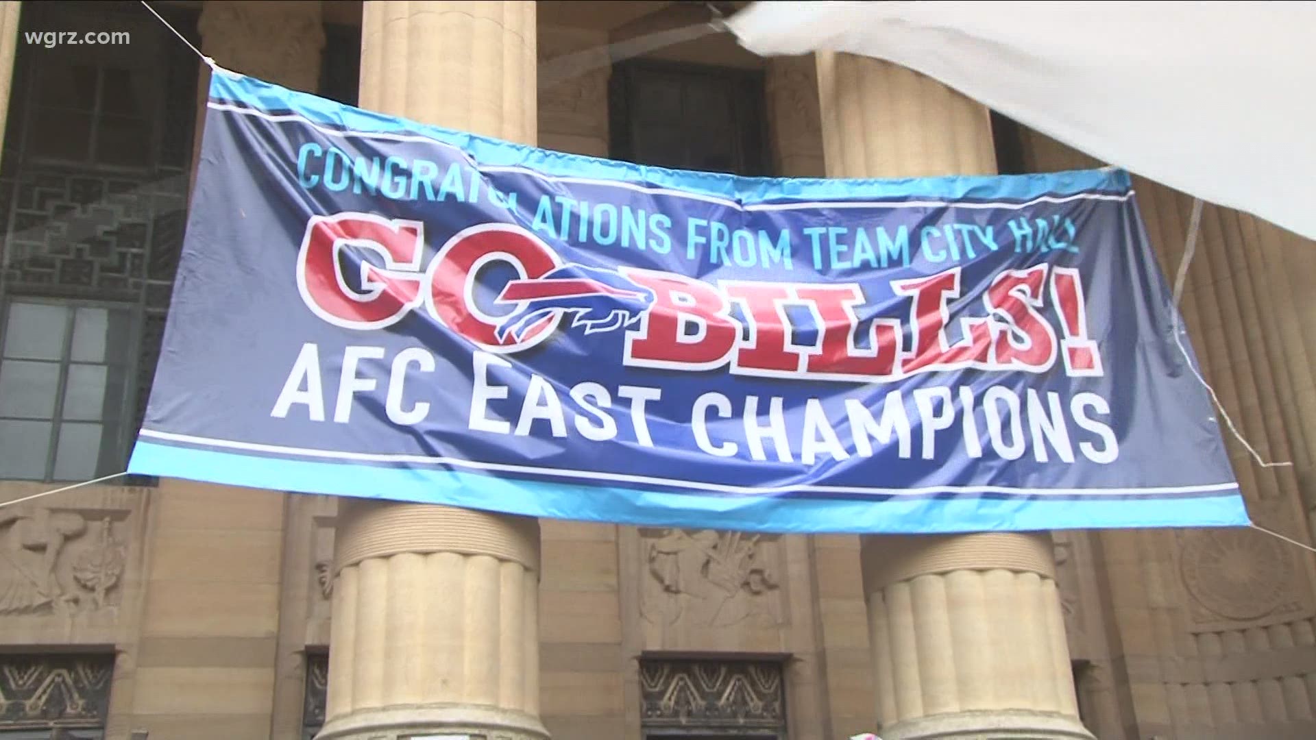 Mayor Byron Brown excited to share in the team's first AFC east title in 25 years. Check out the decorations!