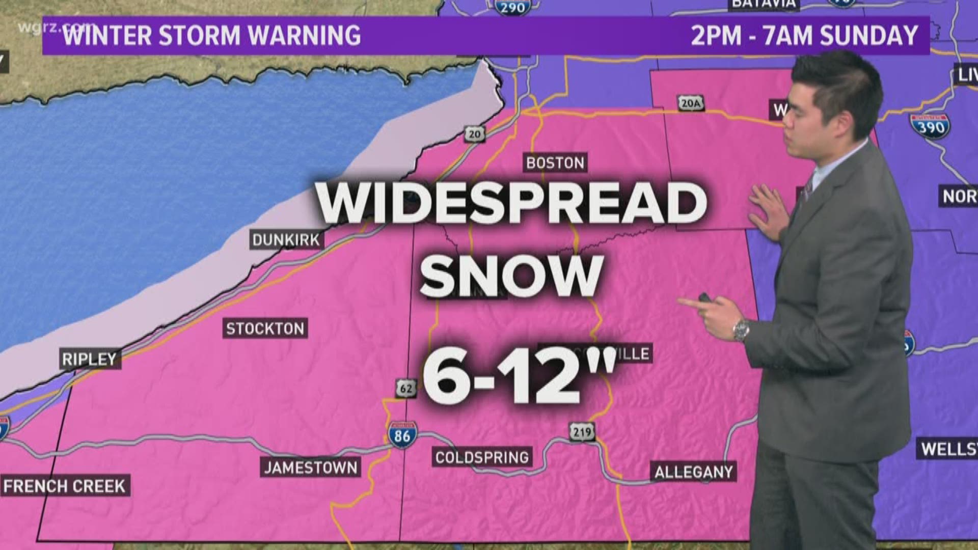 A winter storm warning is in effect for Wyoming, Chautauqua, Cattaaugus, and southern Erie counties from 2 P.M. Saturday until 7 A.M. Sunday..