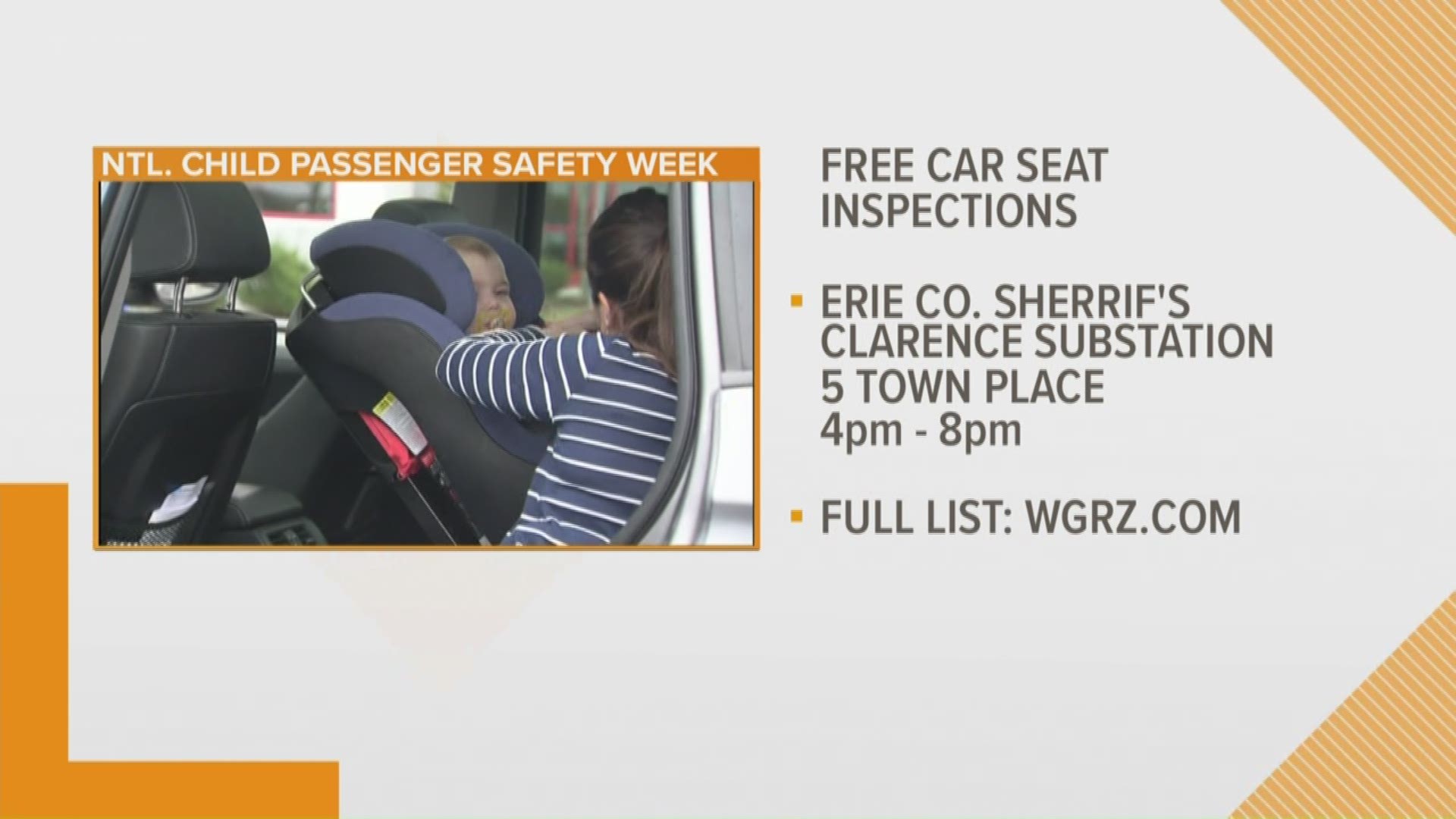 In honor of National Child Passenger Safety Week, the Erie County Sheriff's Office is hosting free car seat inspections at substations across Western New York.