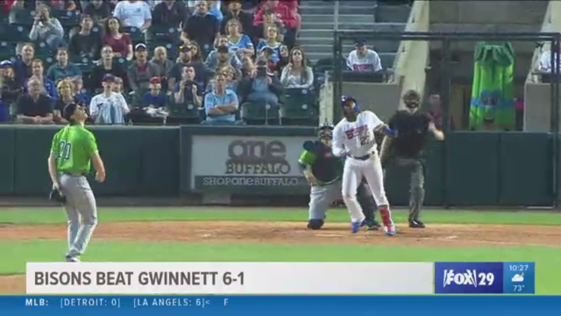 Vladimir Guerrero Jr. hit his first homer at the Triple-A level in the Bisons 6-1 win over Gwinnett Wednesday night.