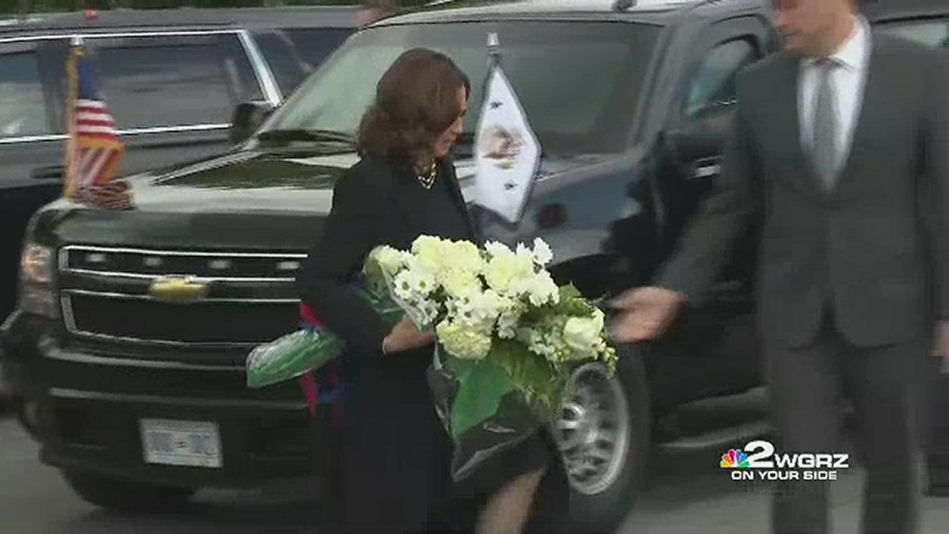 Vice President Kamala Harris brought flowers to the memorials at the Jefferson Avenue Tops during her visit to Buffalo on Saturday, May 28.