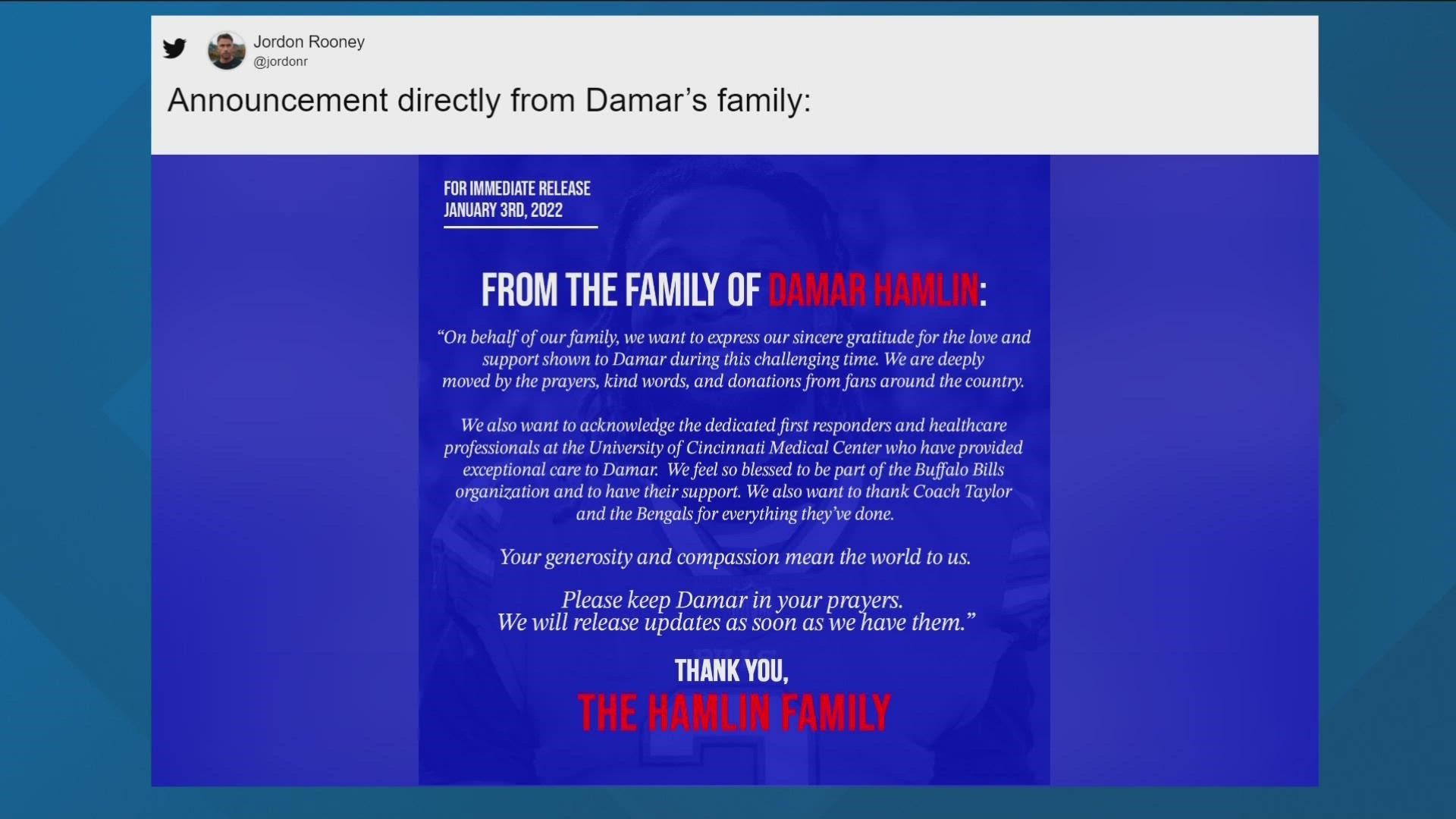 Damar Hamlin spends night in ICU in critical condition