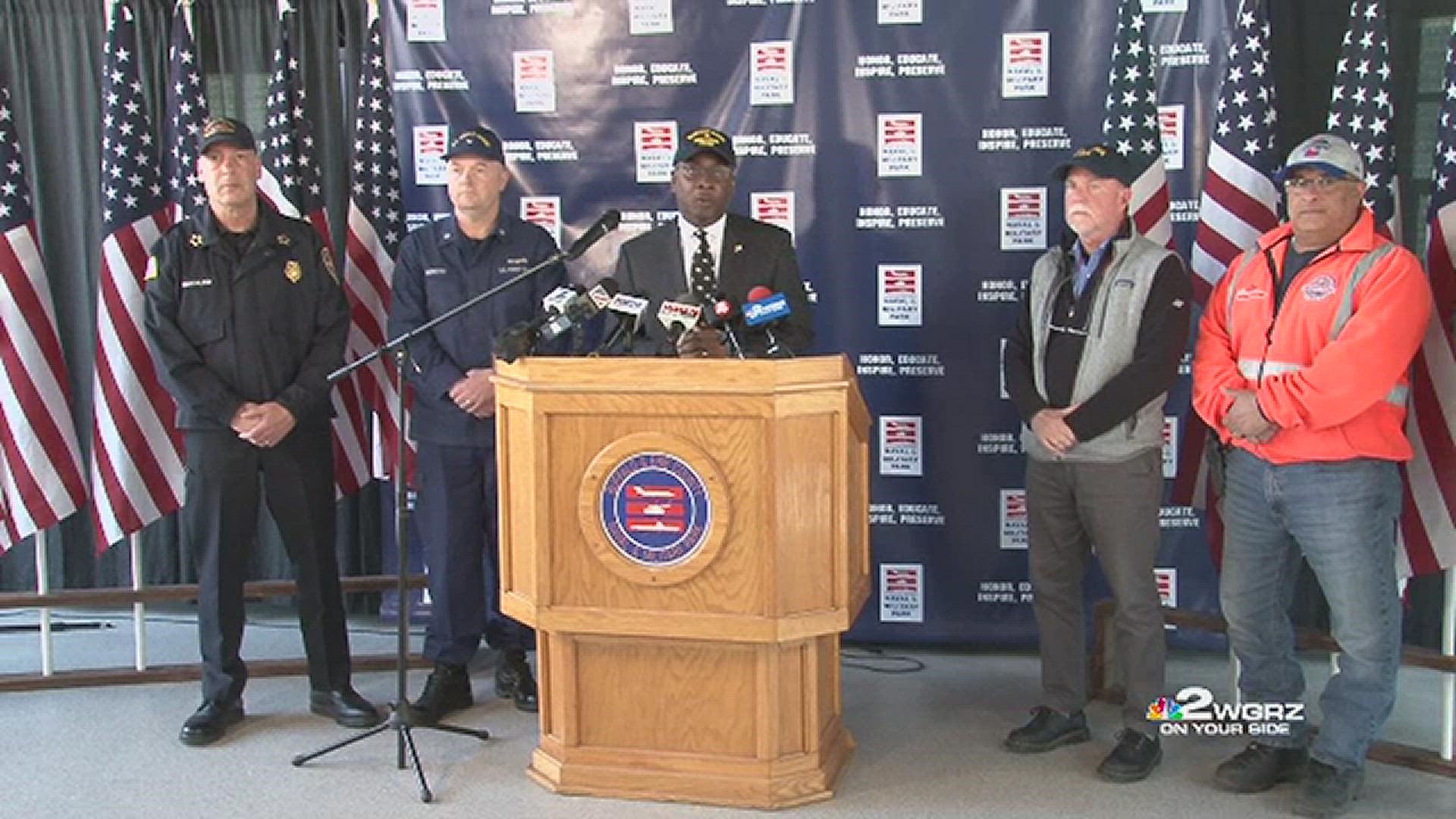 Buffalo Mayor Byron Brown, Paul Marzello, and other officials provided an update Saturday on The Sullivans at the Buffalo and Erie County Naval and Military Park.