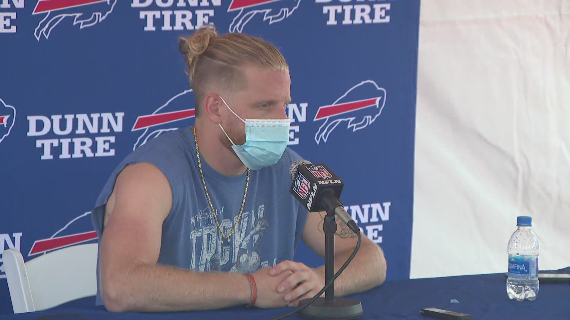 Buffalo Bills players answer questions following first training camp practice.