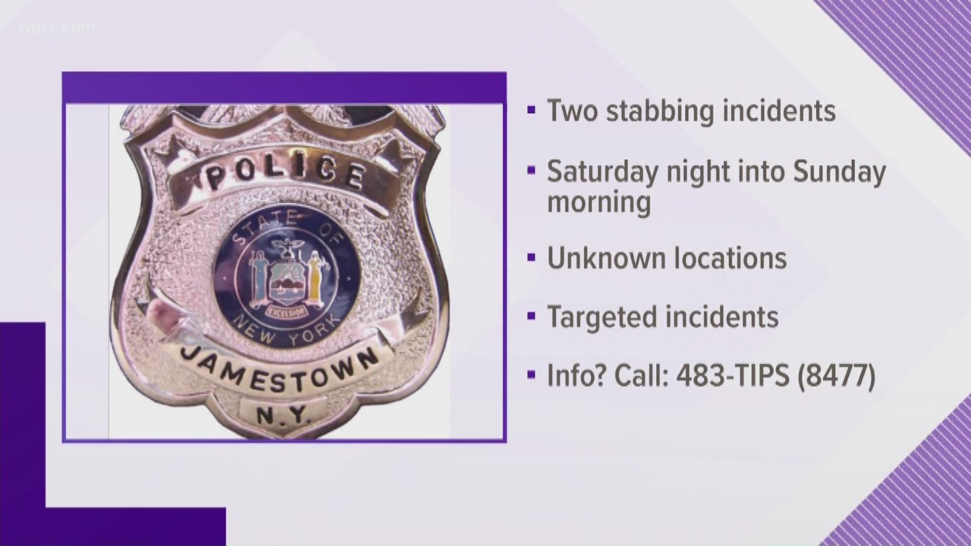 Jamestown Police are investigating two separate stabbing incidents that happened over the weekend. Both stabbings are believed to be targeted.