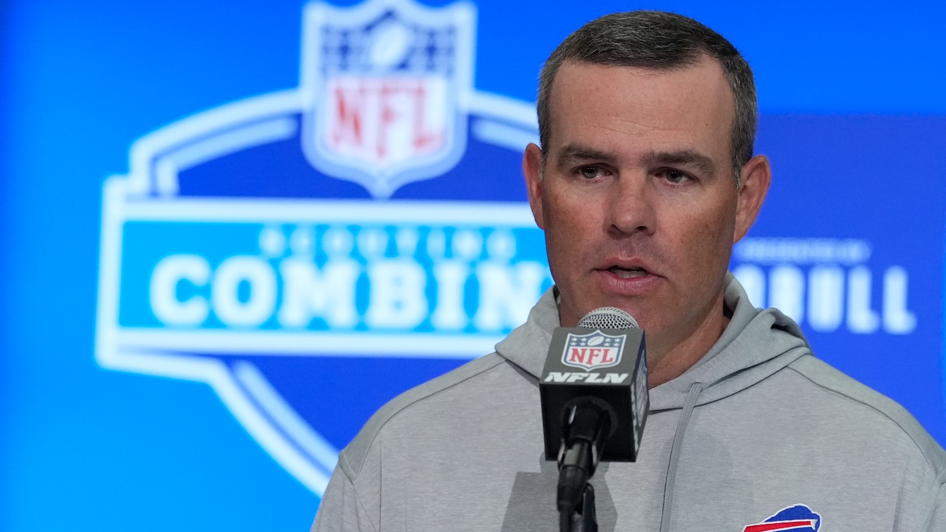 Buffalo Bills general manager Brandon Beane spoke during a news conference at the NFL Combine in Indianapolis on Feb. 27, 2024. (AP/Michael Conroy)