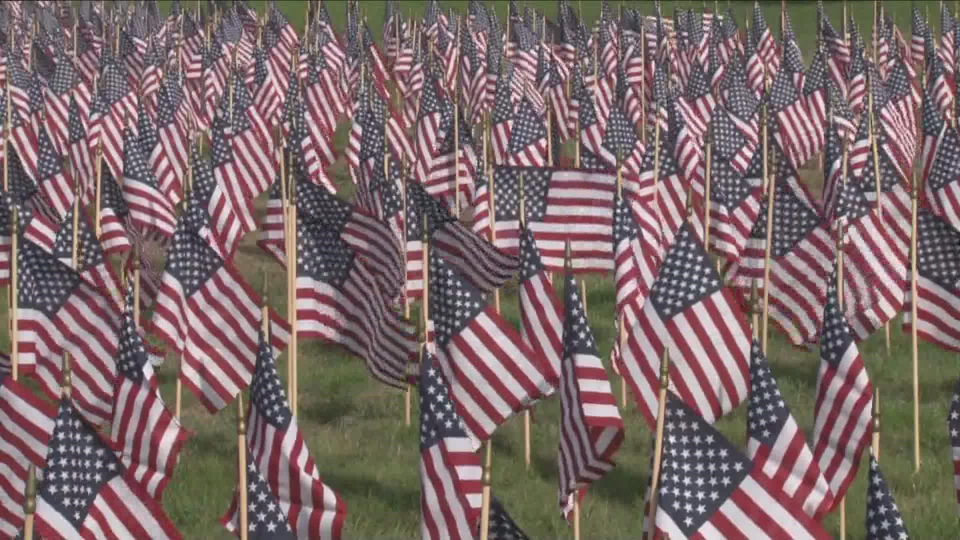Flags were placed on the ground for a large display in Batavia outside the VA medical center Saturday in remembrance of those who lost their lives from 9/11.