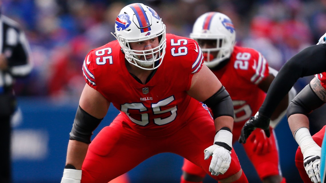 Buffalo Bills guard Ike Boettger (65) and New England Patriots