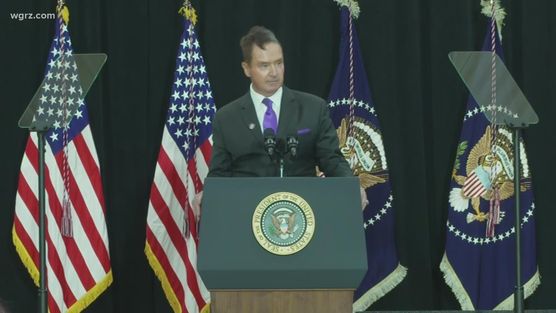 U.S. Rep. Brian Higgins spoke at the podium at the Delavan Grider Community Center, ahead of President Biden's speech.