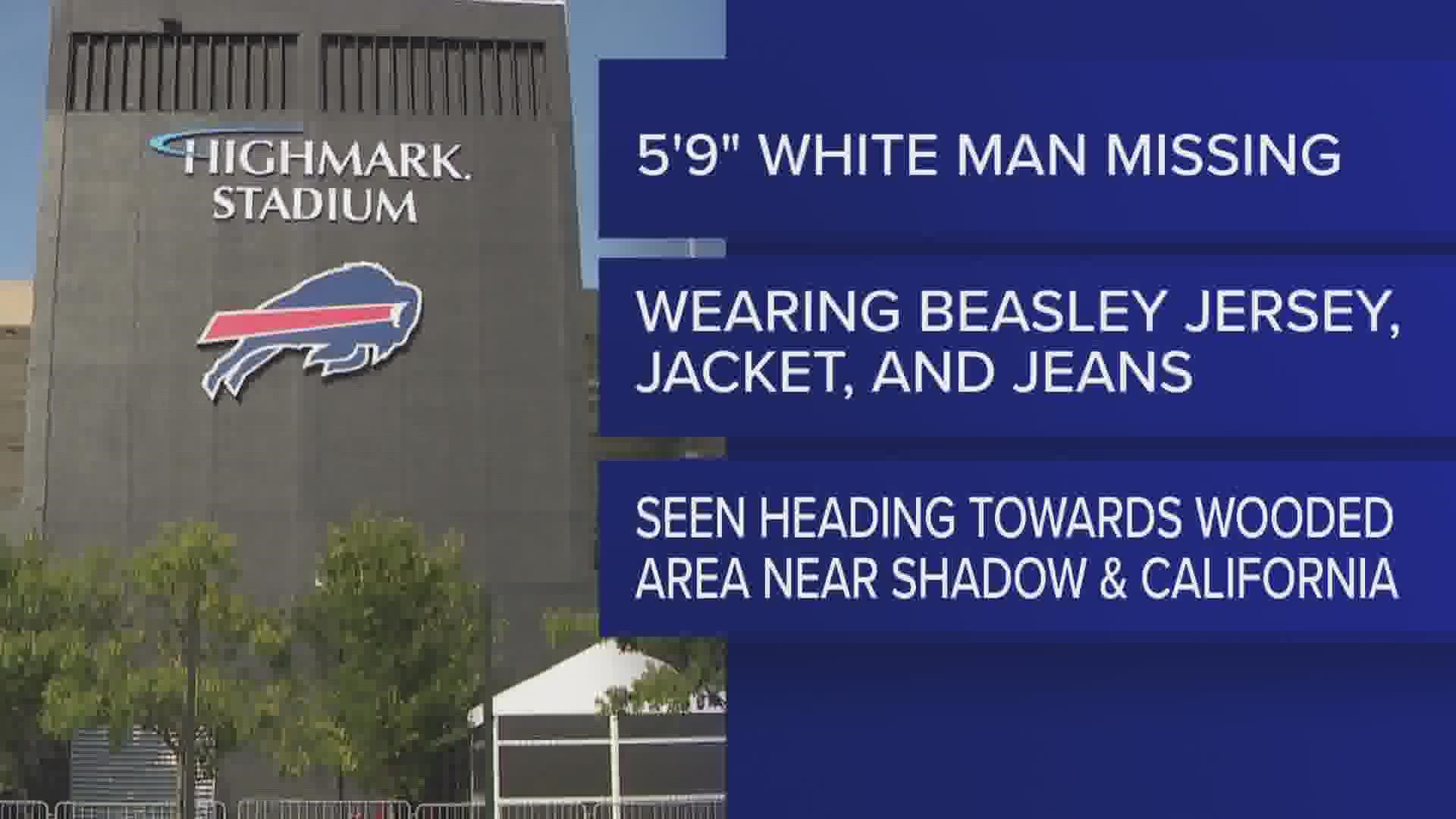 Orchard Park Police are asking for help finding a missing Bills fan, a 5'9" male wearing a Beasley jersey, jacket, and jeans.