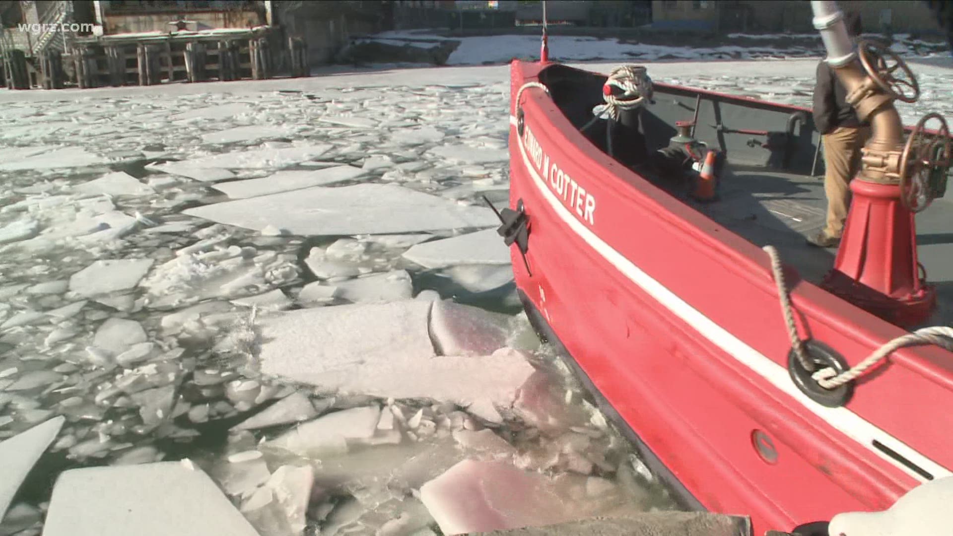 The Edward Cotter fire boat was out along the Buffalo River, breaking up the ice so there's less of a chance of it jamming downriver and causing flooding.