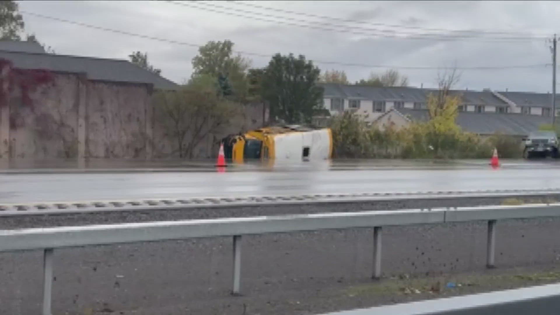 Several students and one adult are recovering after a school bus rolled over on the 290 east in Amherst