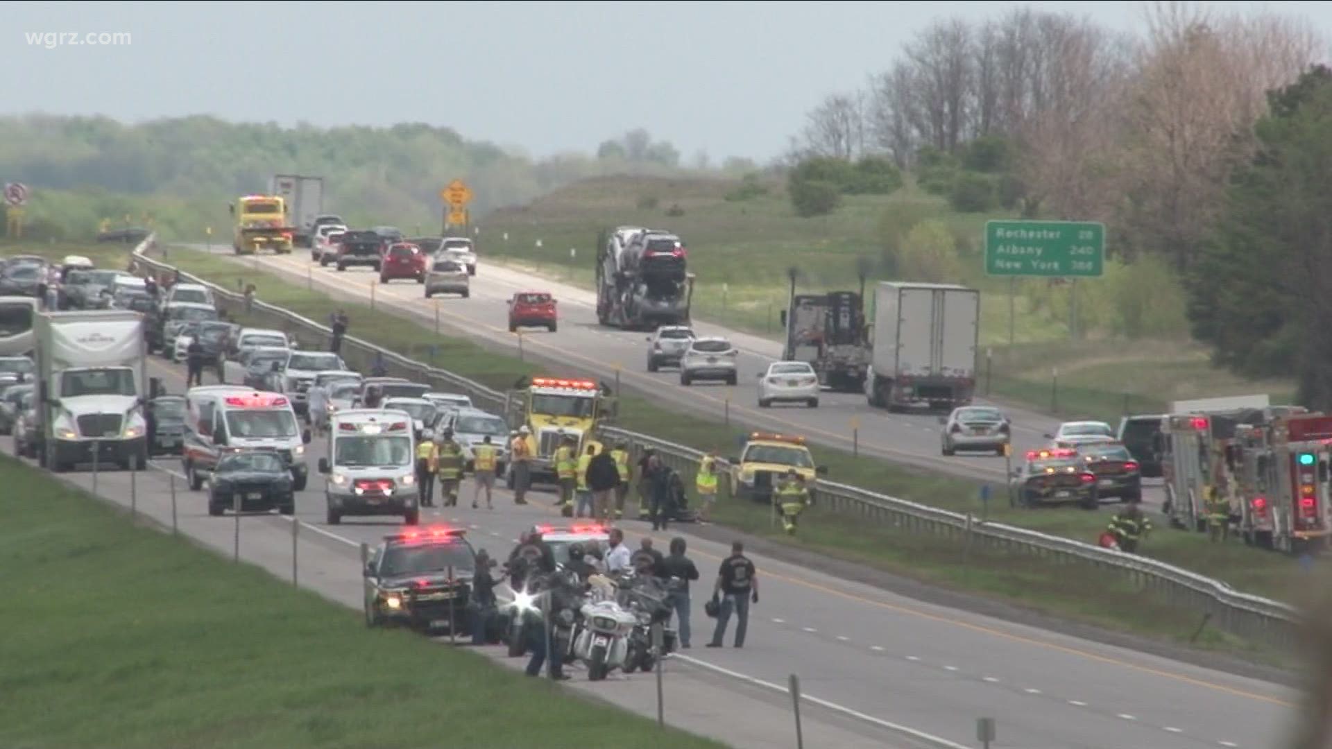 State Police said they did not know the nature of the person's injuries. Westbound traffic was shut down for about an hour as crews tended to the scene.