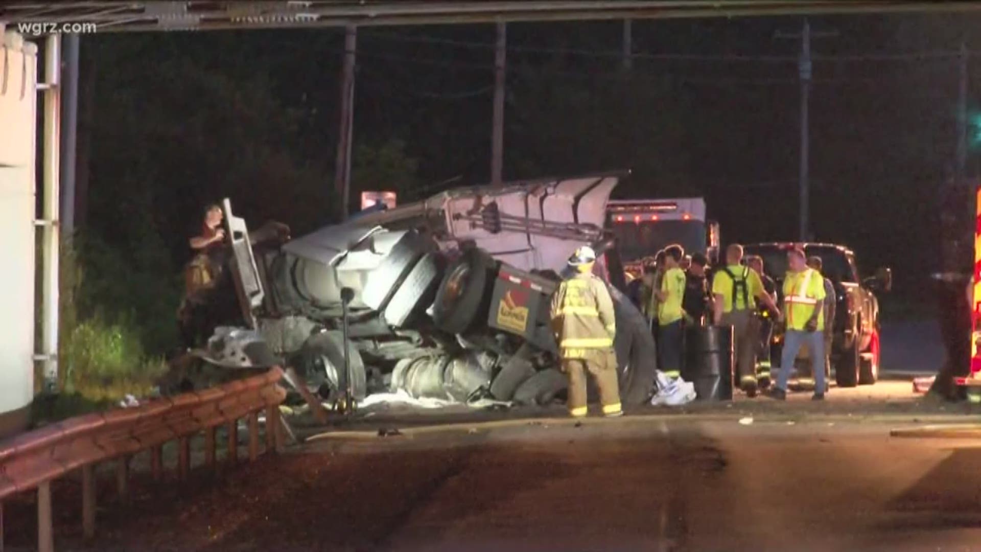 tractor trailer went off a thruway overpass... and crashed onto route 5 in pembroke.