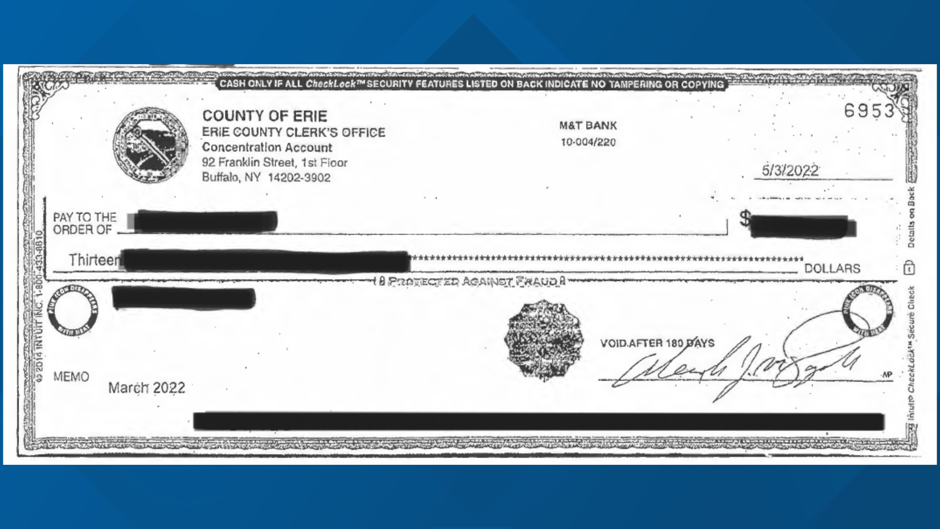 Erie County check intercepted, counterfeit forged, results in the theft ...