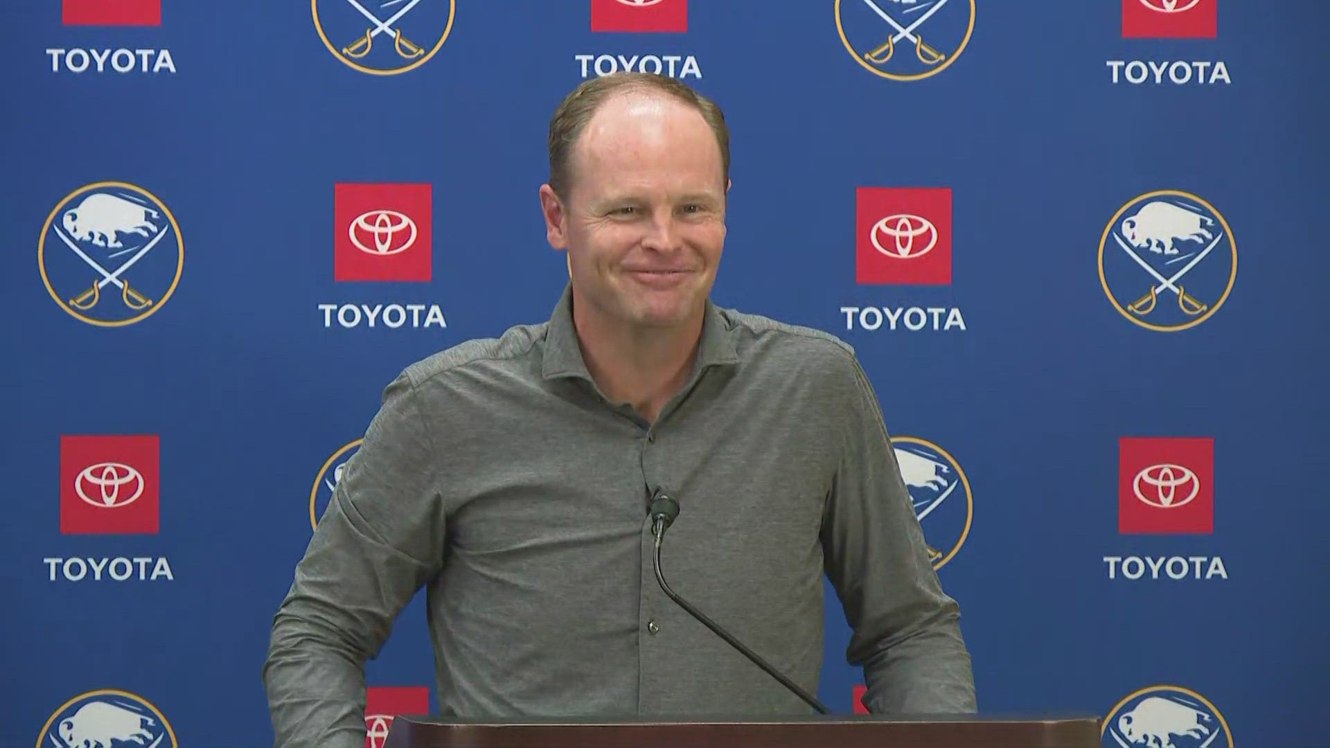 Buffalo Sabres GM Kevyn Adams speaks to the media on the first day of NHL free agency.