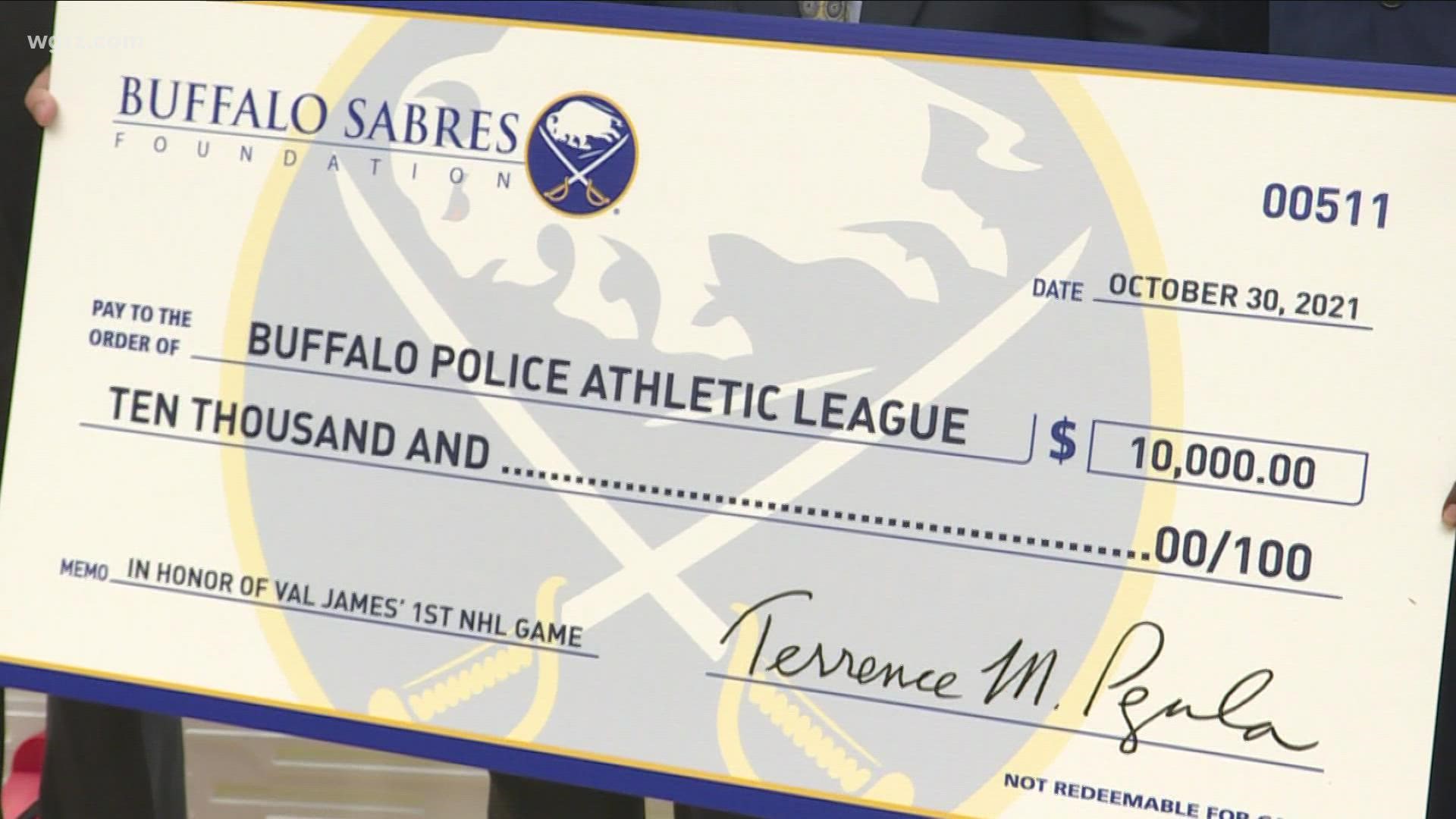 Highmark Blue Cross Blue Shield and the Sabres donated $10 thousand to the organization which help to build a portable ice rink at Hennepin Community Center.